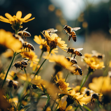 many honeybees are in between yellow flowers.の素材