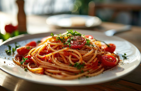 spaghetti on white plate with tomato.の素材