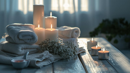 spa table full of towels and white candles.の素材