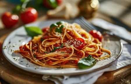 spaghetti on white plate with tomato.の素材