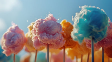 many colorful cotton candy on a stick in front of a bright background.の素材