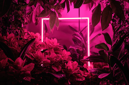 the glowing neon frame is surrounded by pink leaves and tropical flowers.の素材