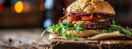 the fried burger sitting on wood in a wooden table.の素材