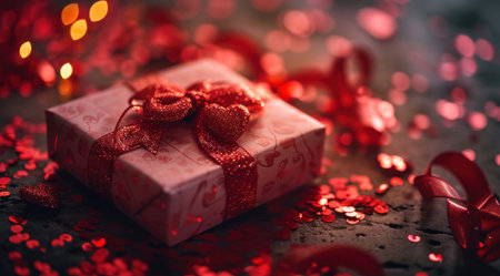 valentine's day gifts in a pink gift box with red hearts.の素材