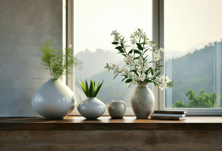 white flower vases on a wooden table in a living room.の素材