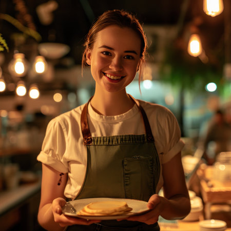 waitress smiling and holding pancake in a restaurant.の素材