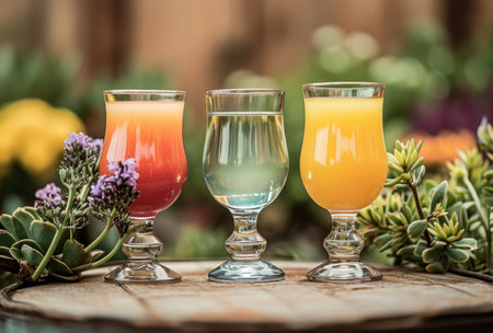 three glasses filled with juices and fruits.の素材