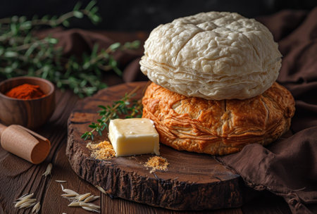 two pastry doughs stacked in the shape of a bun on a wooden plate with butter and some.の素材