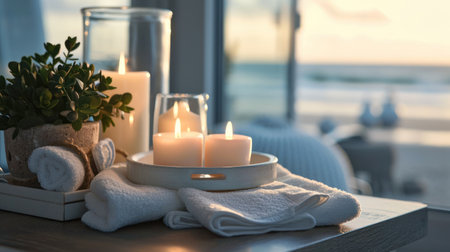 two white towels and candles on a tray with pots.の素材