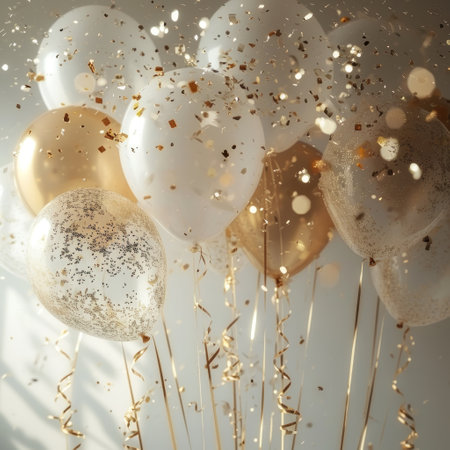 white birthday balloons with gold sparks.の素材