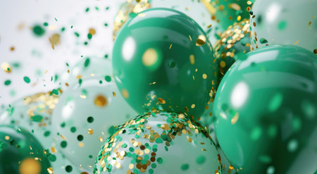 white frame full of green balloons, green confetti, and confetti.の素材