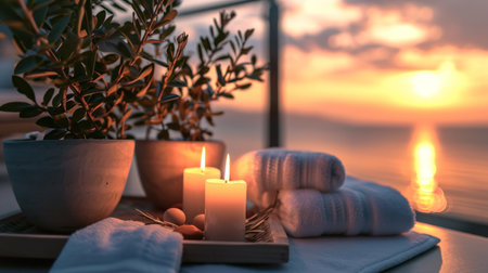 two white towels and candles on a tray with pots.の素材