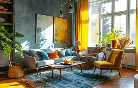 this living room is decorated in blue, gray and yellow.の素材