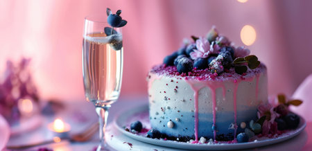 this image shows an elegant cake with a glass of champagne.の素材
