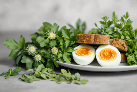 two bread sticks with eggs on a white plate with some herbs.の素材
