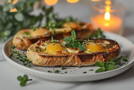 two bread sticks with eggs on a white plate with some herbs.の素材
