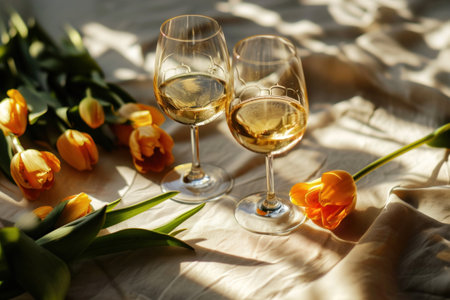 white wine with two glasses and a few tulips.の素材