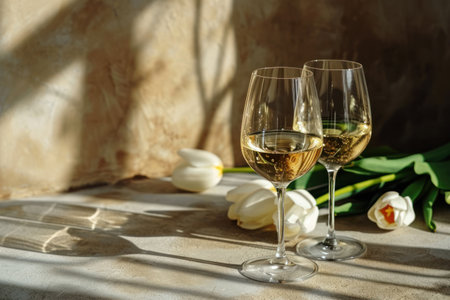 white wine with two glasses and a few tulips.の素材