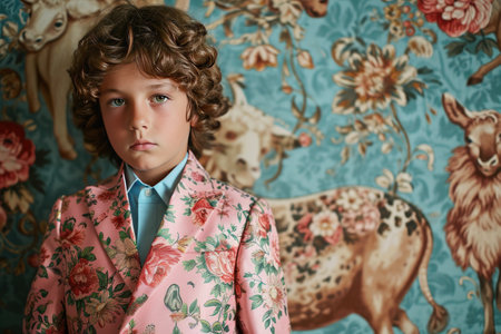 a boy dressed in a flowery suit poses in front of patterned animals.の素材