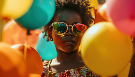 a girl wearing sunglasses holds balloons around her face.の素材