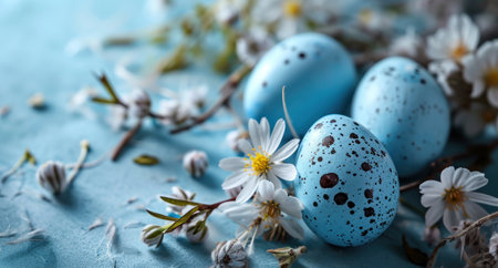 a light blue background with blue eggs, flowers and daisies.の素材