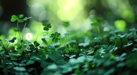 a green background with a bunch of clover leaves.の素材