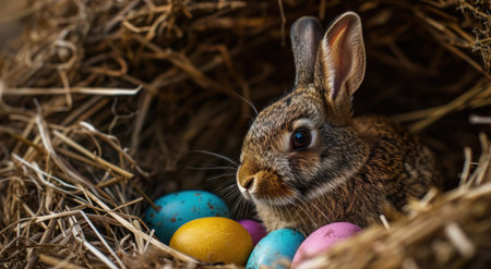 a brown rabbit in a nest with brightly colored eggs.の素材