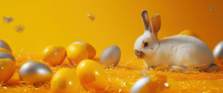 a bunny and some eggs sitting in the middle of an orange background.の素材