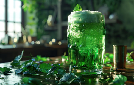 a glass of green beer with some leaf.の素材