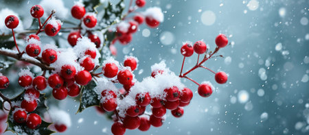 a bunch of red holly berries and snow on the blue background.の素材