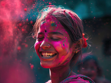 a girl smiling happy with colorful powder.の素材