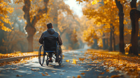 A man in a wheelchair is navigating a tree lined road on a sunny day.の素材