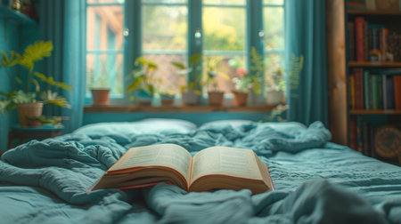 An open book resting on a neatly made bed, with crisp pages and a soft cover.の素材
