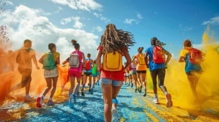 Diverse group of individuals joyfully running through clouds of vibrant colored powder during a festive event.の素材