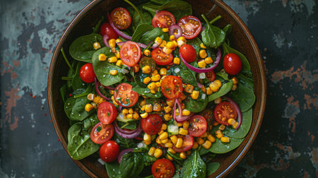 A bowl filled with a healthy salad featuring ripe tomatoes, sweet corn kernels, and vibrant spinach leaves.の素材