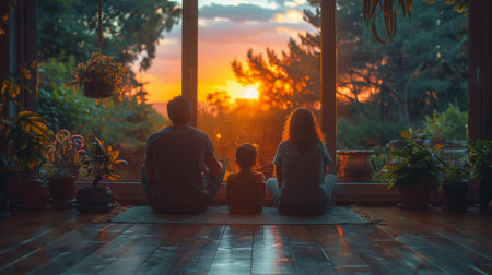 A couple sits on a bench, watching the sunset together.の素材