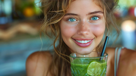 A woman with blonde hair and blue eyes smiling warmly.の素材