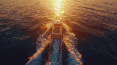 A sailboat with billowing sails glides through the ocean waters with the sun setting in the background, casting a warm glow over the scene.の素材