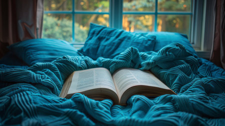 An open book resting on a neatly made bed, with crisp pages and a soft cover.の素材