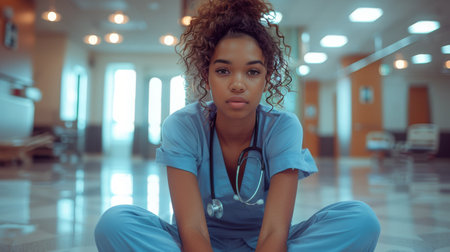 A female healthcare worker in medical scrubs is seated on the floor in a hallway.の素材