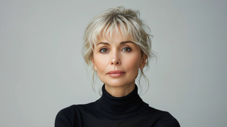 A woman with blonde hair wearing a black shirt.の素材