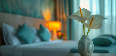A white vase brimming with colorful flowers sits atop a wooden table.の素材