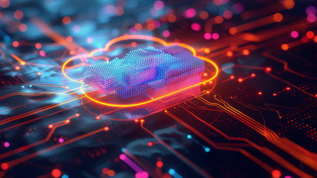 A translucent blue cloud hovers gently over a detailed circuit board, showing the fusion of nature and technology.の素材