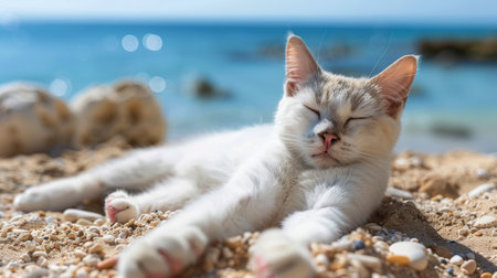 A white cat lies comfortably on a sandy beach, basking in the sun.の素材