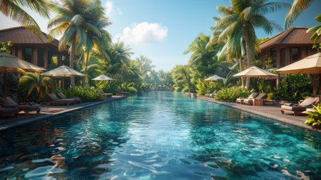 A spacious pool area surrounded by tall palm trees and colorful umbrellas providing shade on a sunny day.の素材