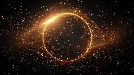 A golden circle stands out against a dark background in this simple and striking composition.の素材