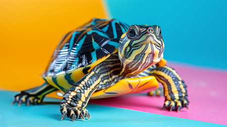 A small turtle is perched on a vibrant, multicolored surface.の素材