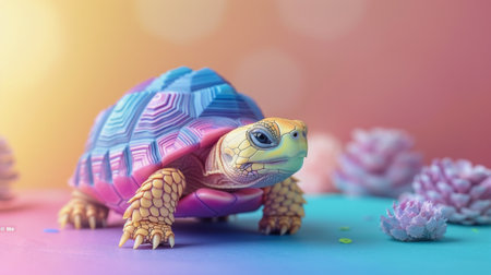 A small turtle is perched on a vibrant, multicolored surface.の素材