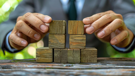 A person carefully adding a wooden block to a pyramid structure.の素材