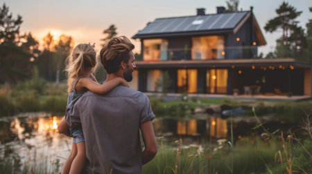 A man and a young girl standing together in front of a house, looking at the camera.の素材